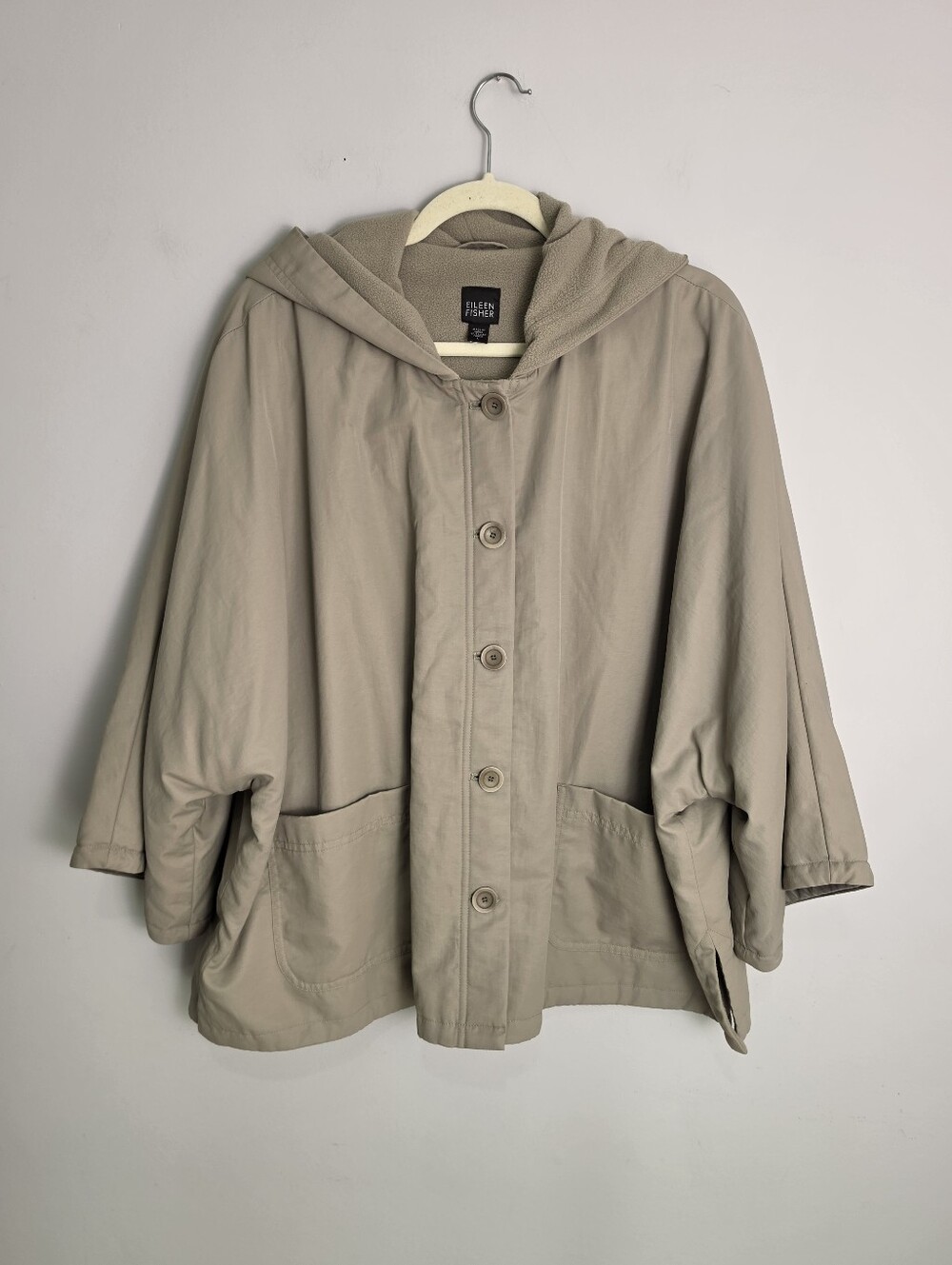 Eileen Fisher Womens Large Beige Hooded Boxy Jacket Coat Fleece Lightweight